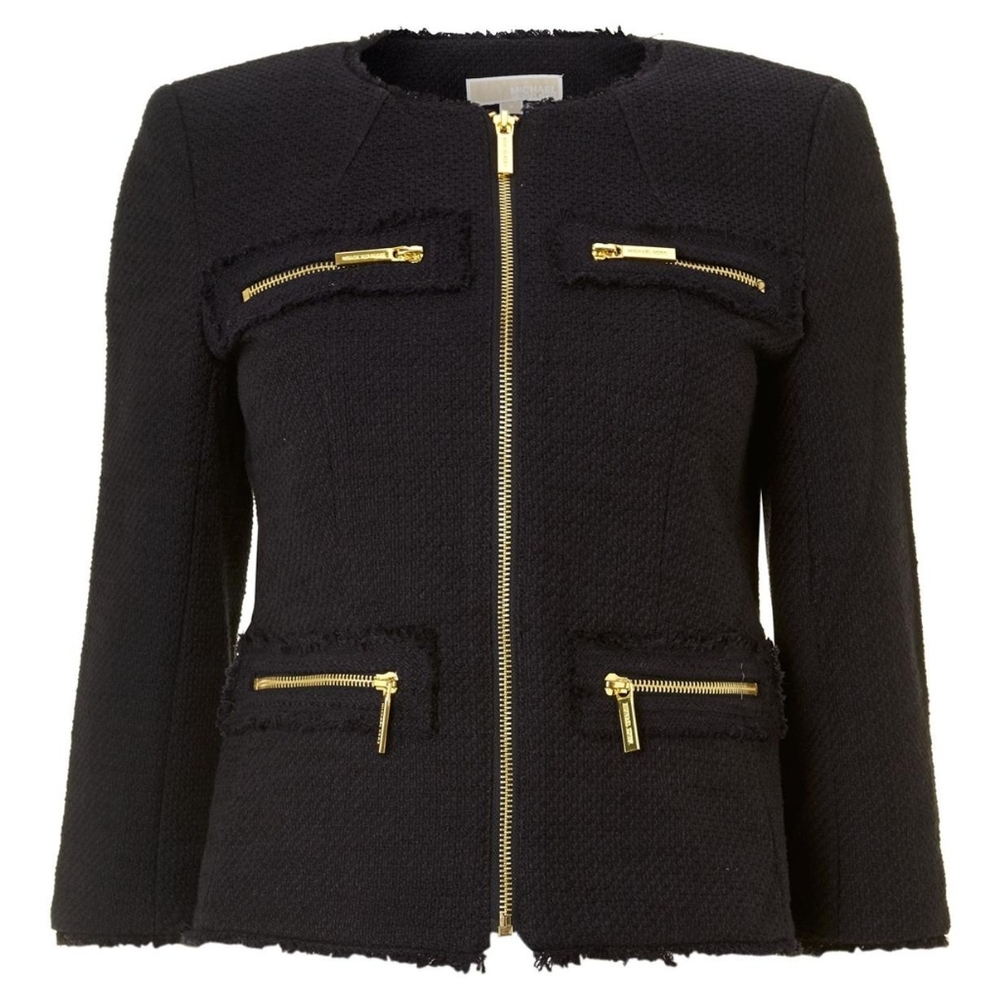 NWT Michael Kors Tweed Elegant Black Jacket with Gold Accents